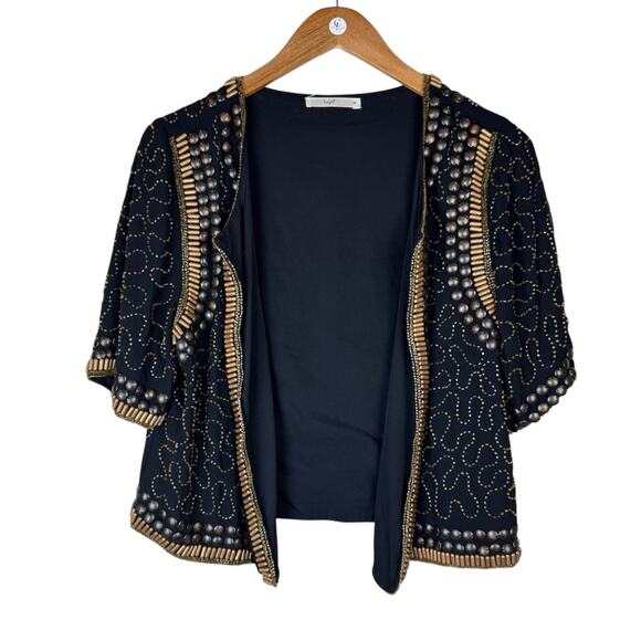 Hazel Black Chiffon Studded Beaded Gold Short Sleeve Evening Layering Jacket - Picture 4 of 11